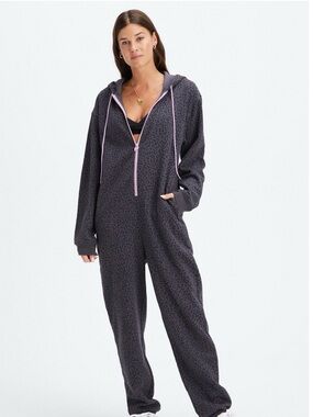Fabletics Cozy Dark Charcoal Leopard Print Hooded Jumpsuit with Pink Trim